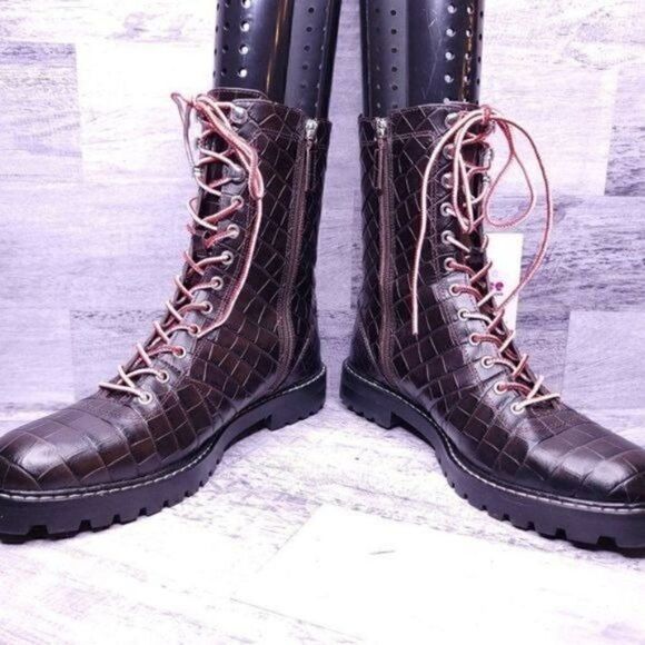 J. Crew Croc Embossed Leather Lace Up Combat Boot Brown Red White Women's sz 8.5 - Picture 5 of 11